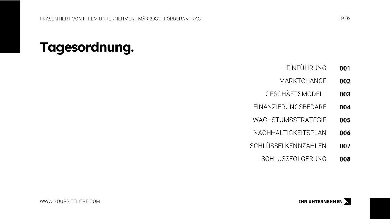 Präsentationsvorlage für Finanzierungsanfragen im minimalistischen Weißstil