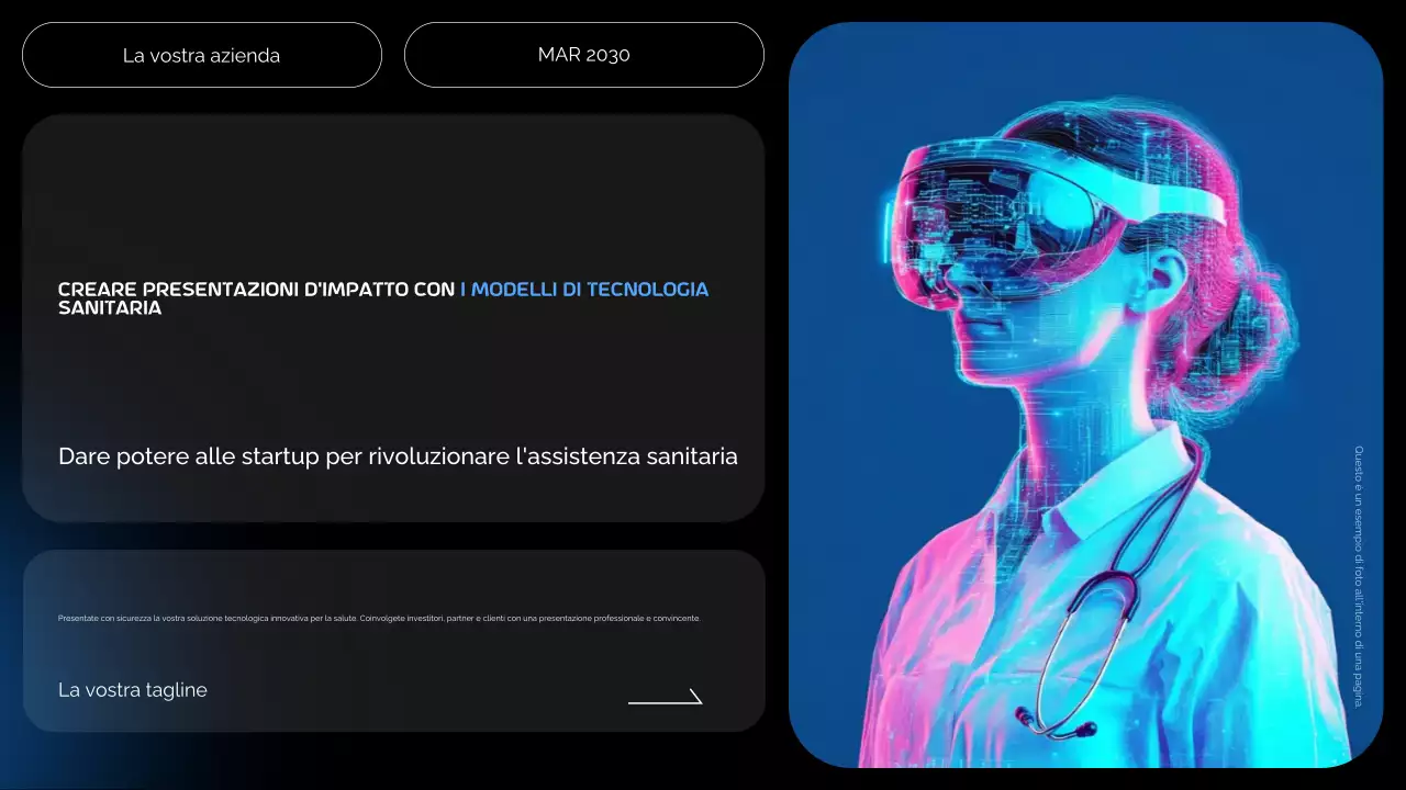 Modelli di introduzione futuristici blu e neri per la presentazione di startup di tecnologia sanitaria