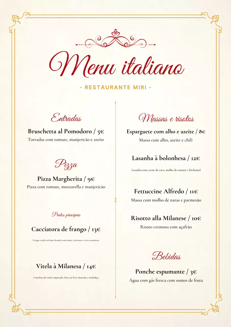 Cartaz de menu de restaurante elegante dourado