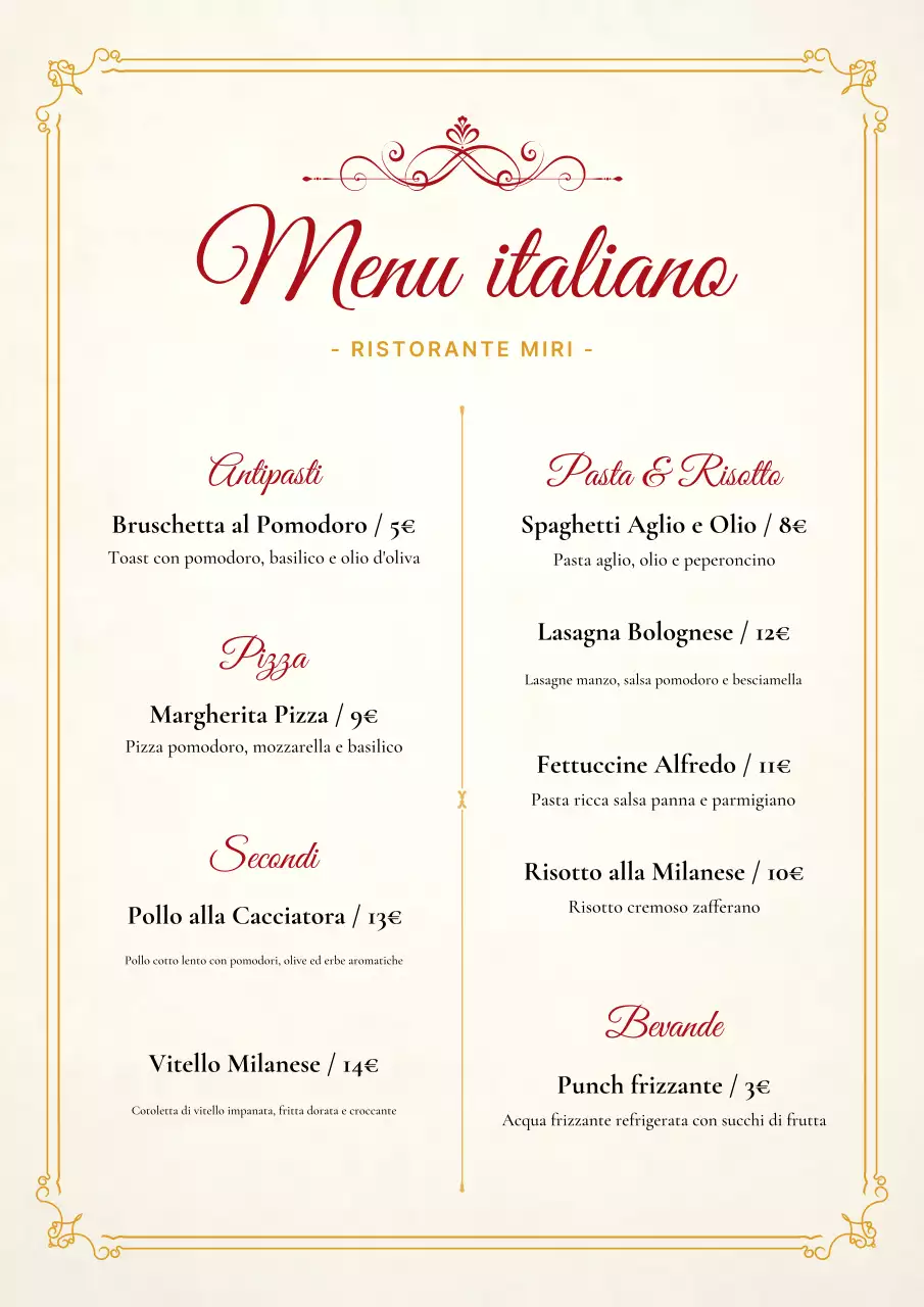 Poster del menu del ristorante elegante in oro
