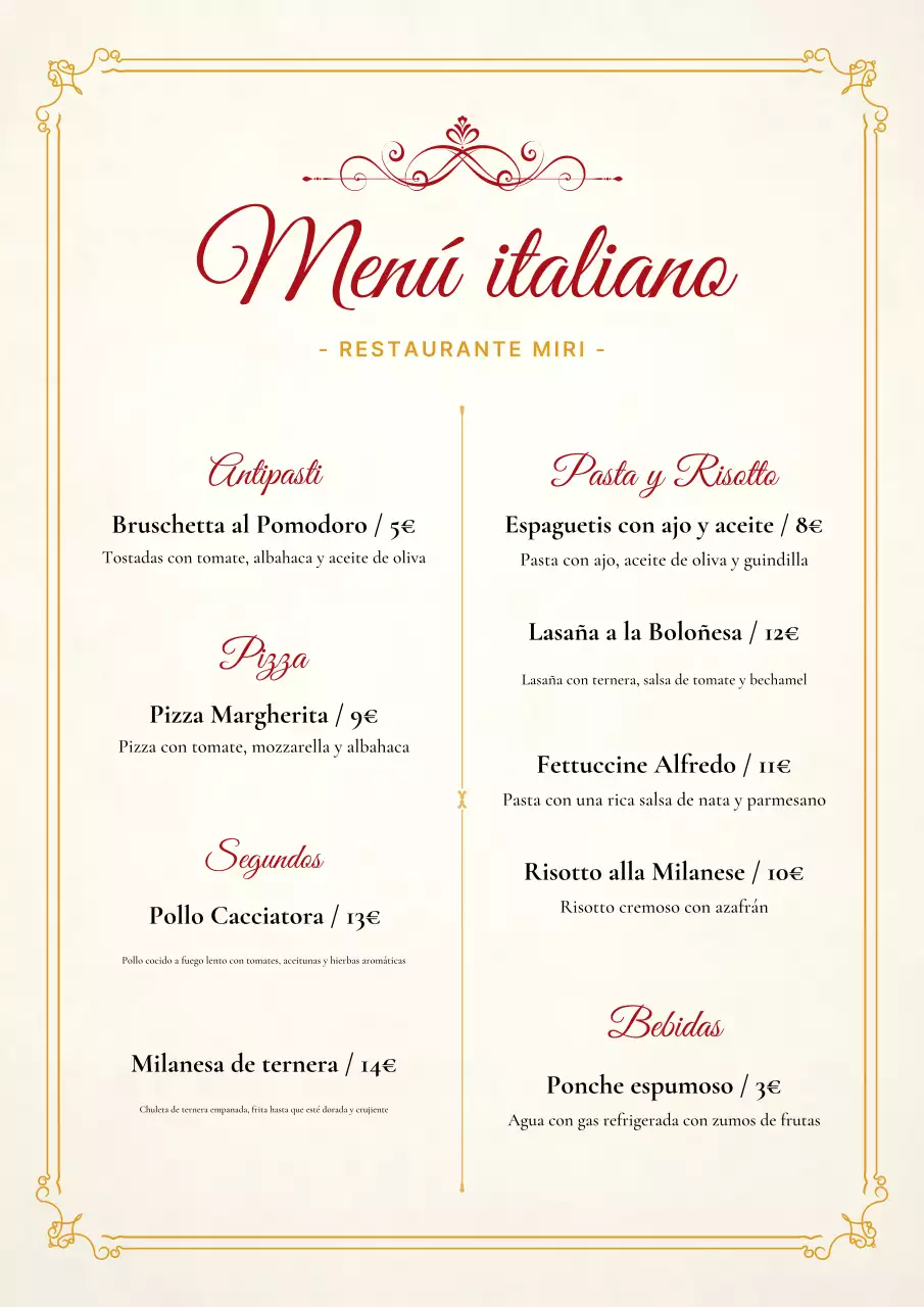 Afiche elegante con menú de restaurante en dorado