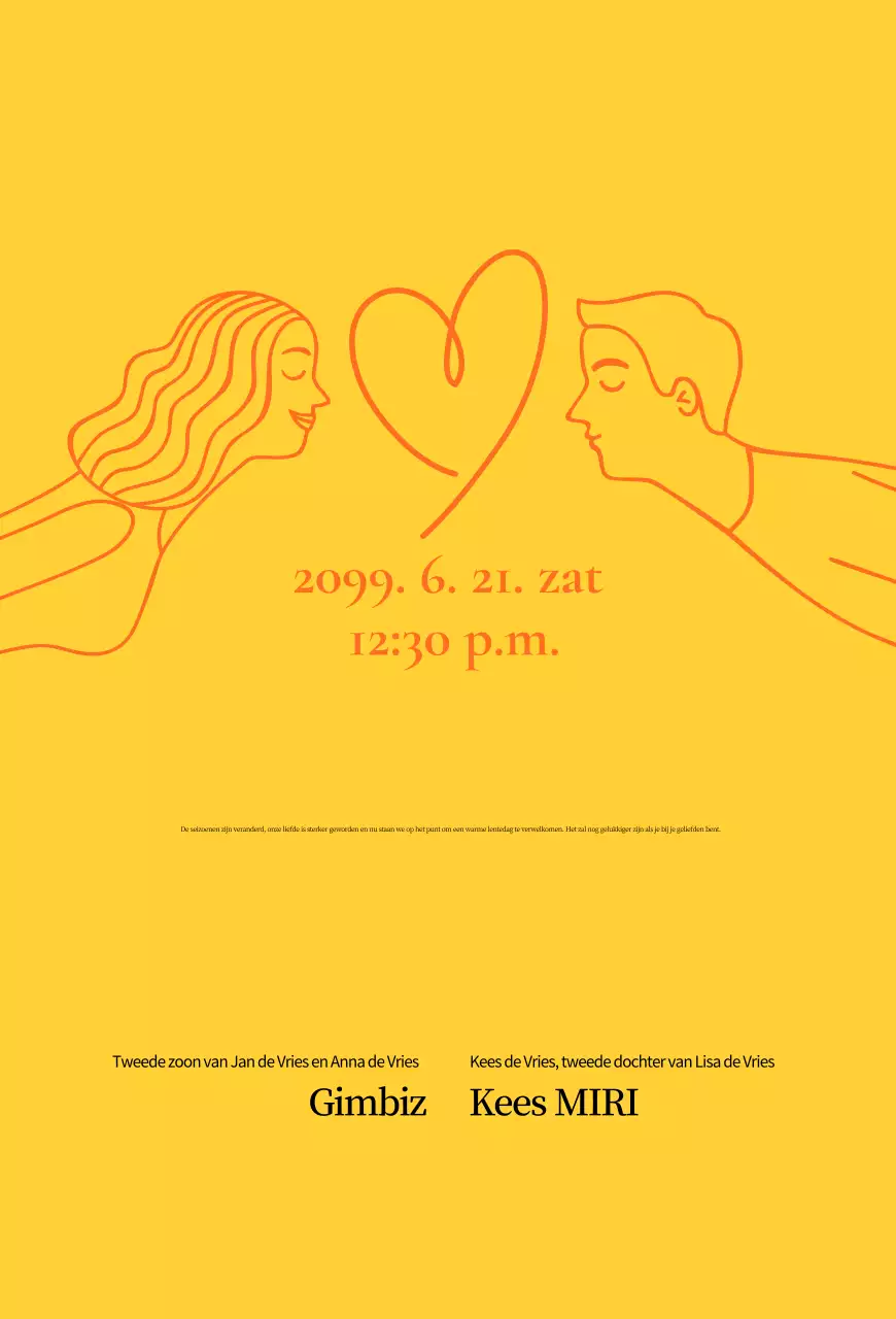 Gele eenvoudige huwelijksuitnodiging