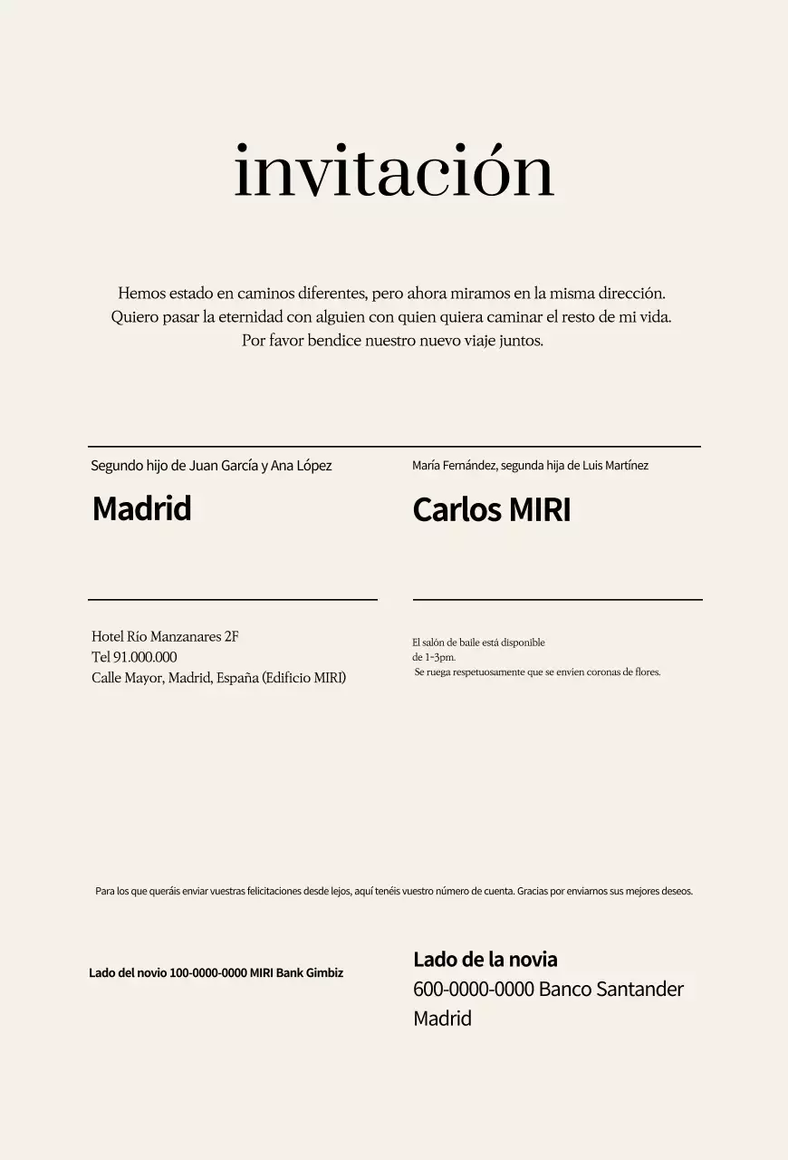 Invitación de boda sencilla en color beige