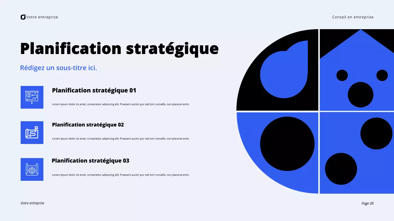 Présentation de conseil aux entreprises modernes en noir et bleu