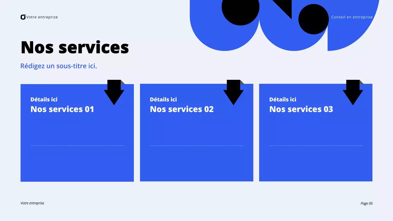 Présentation de conseil aux entreprises modernes en noir et bleu