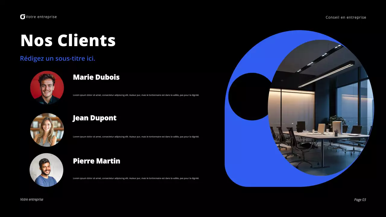 Présentation de conseil aux entreprises modernes en noir et bleu