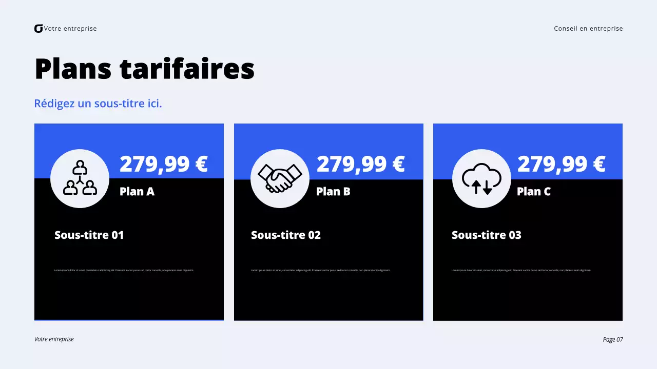 Présentation de conseil aux entreprises modernes en noir et bleu