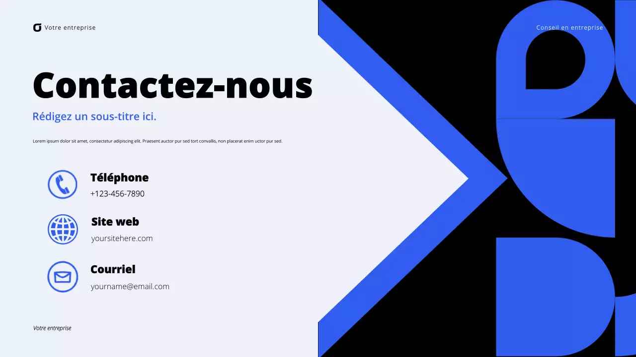 Présentation de conseil aux entreprises modernes en noir et bleu