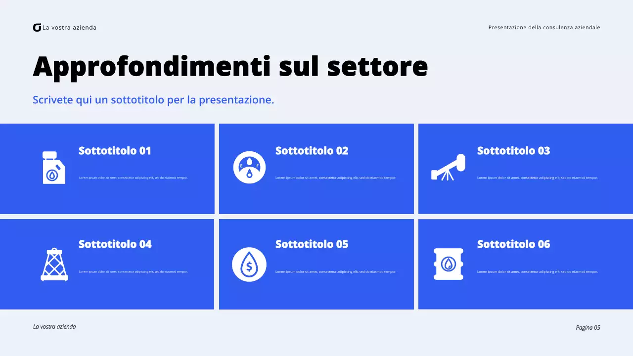 Presentazione di consulenza aziendale moderna in nero e blu