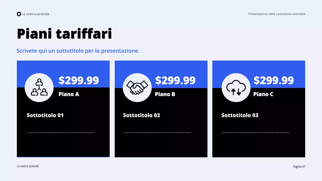 Presentazione di consulenza aziendale moderna in nero e blu