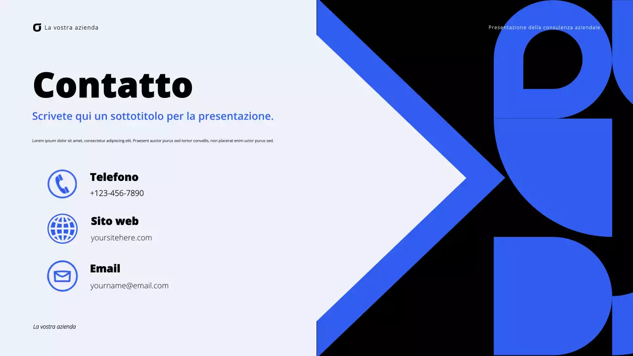 Presentazione di consulenza aziendale moderna in nero e blu