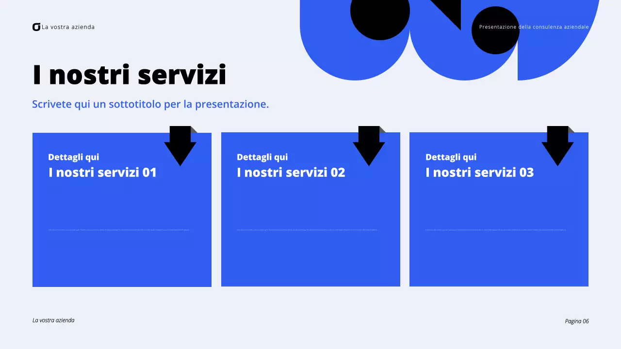 Presentazione di consulenza aziendale moderna in nero e blu