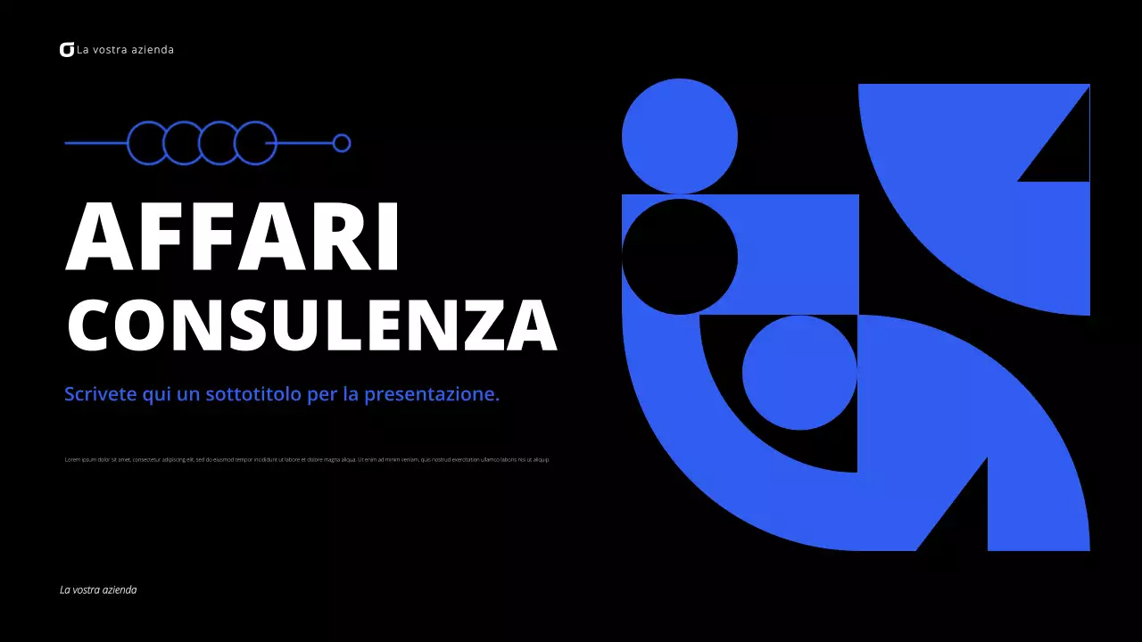 Presentazione di consulenza aziendale moderna in nero e blu
