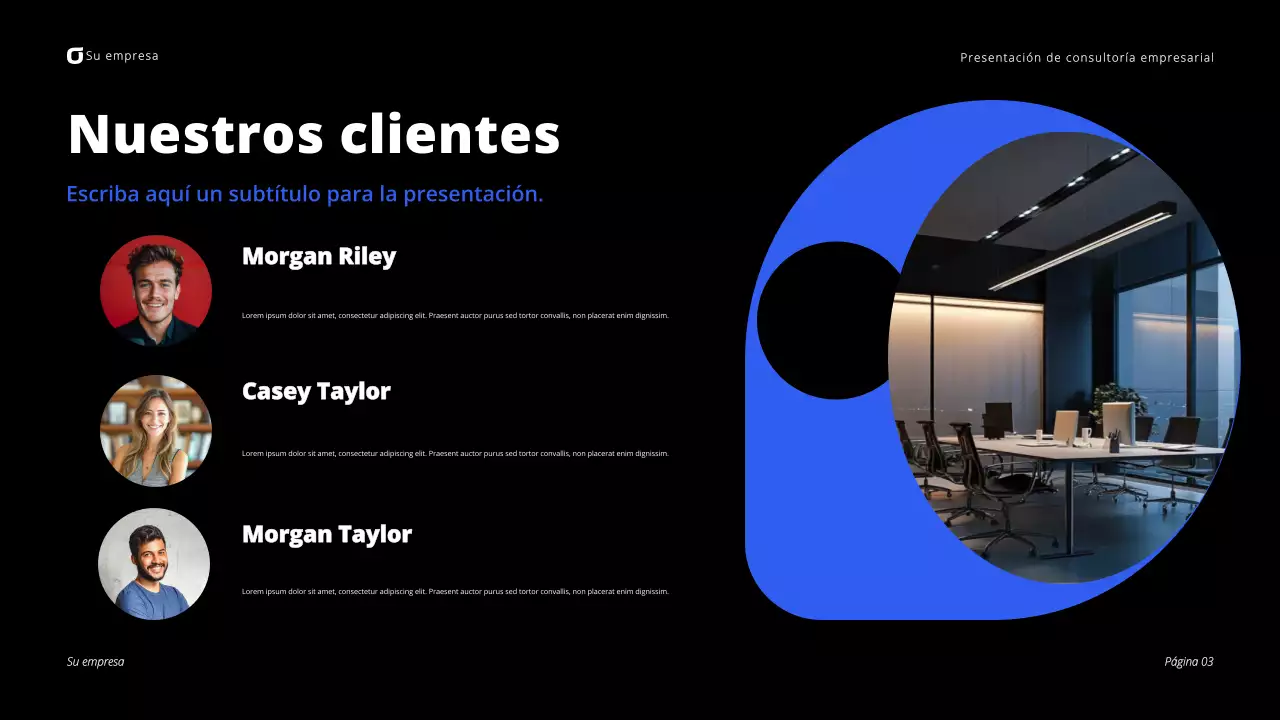 Presentación de consultoría empresarial moderna en negro y azul