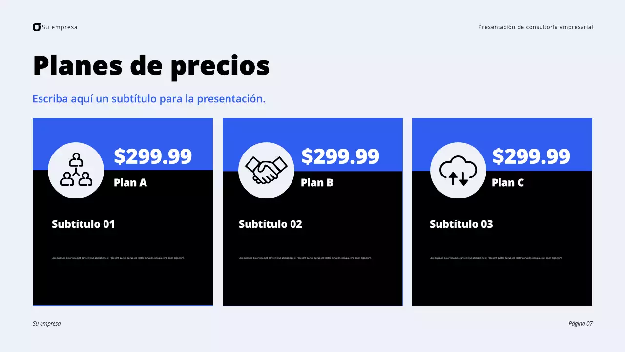 Presentación de consultoría empresarial moderna en negro y azul