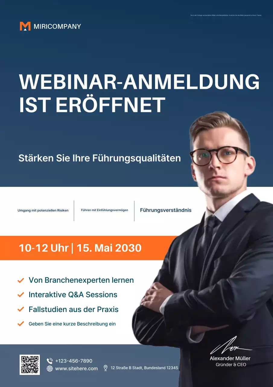 Blaues Registrierungsposter für professionelle Führungskräfte