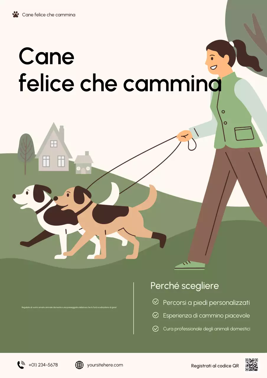Manifesto pubblicitario moderno e verde per passeggiate con i cani