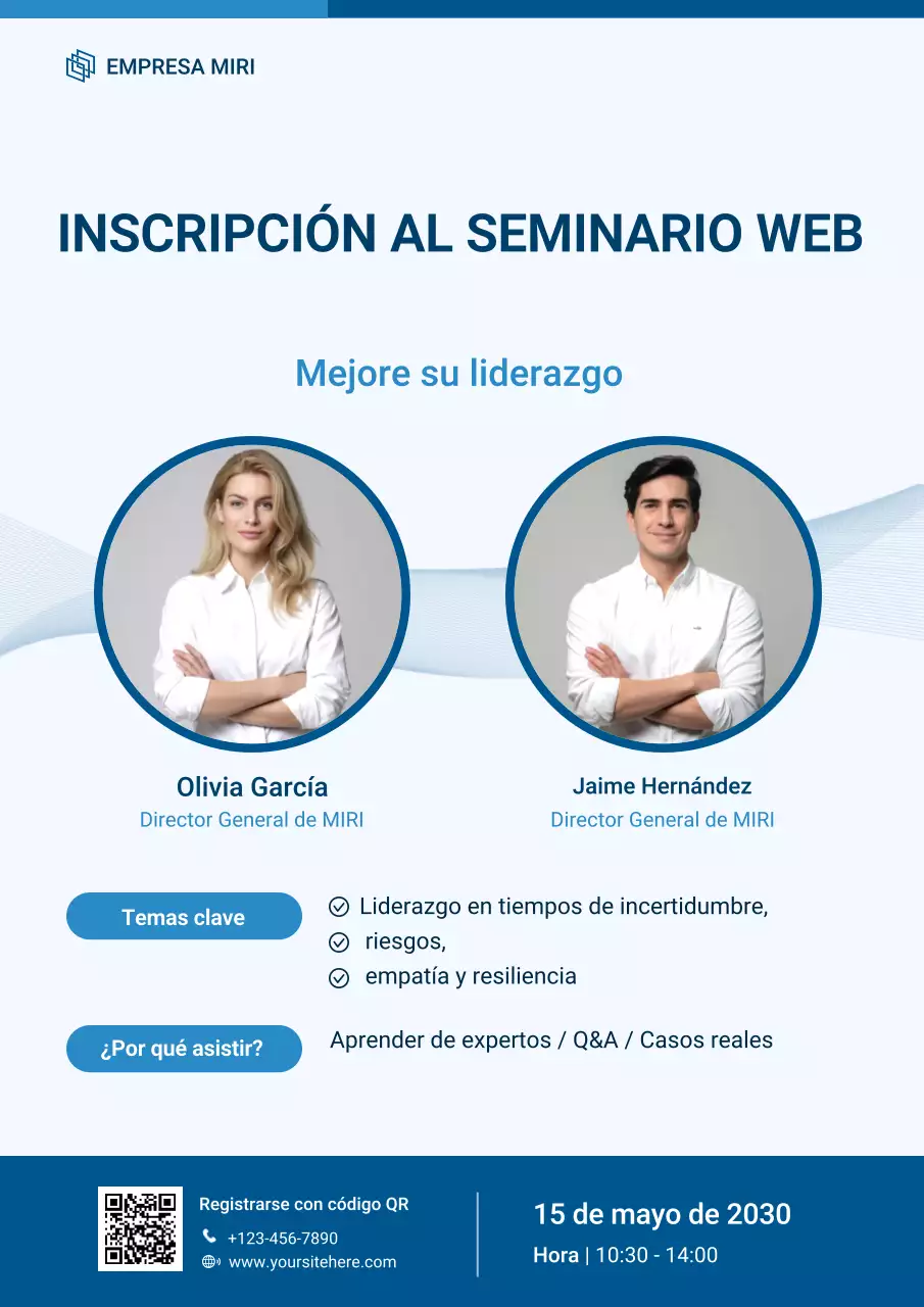 Póster de inscripción al seminario web Blue Modern