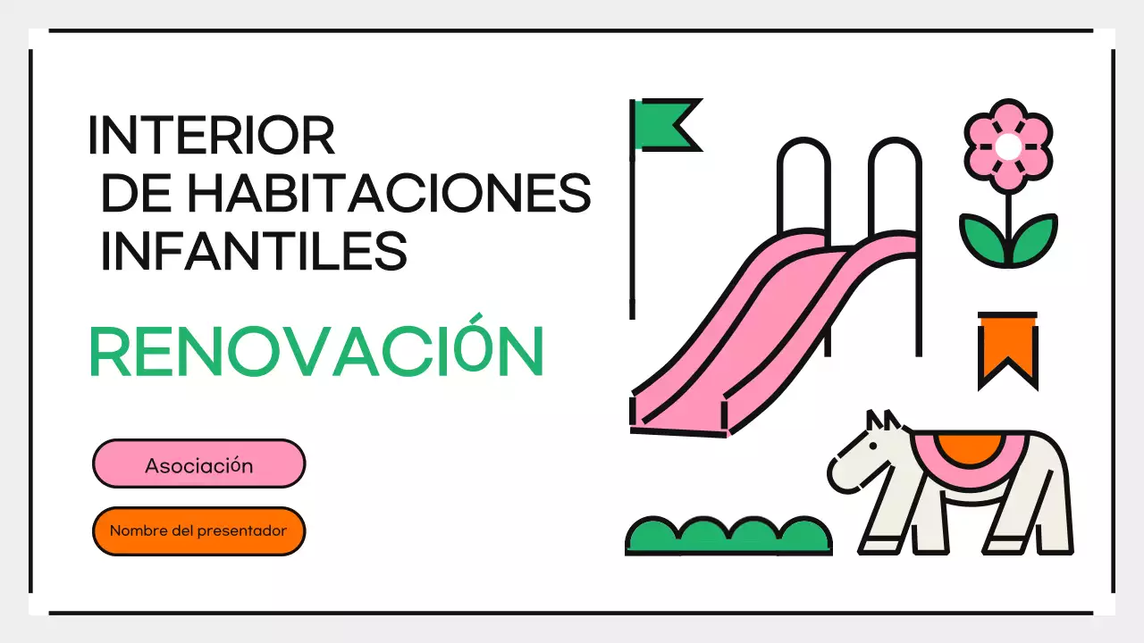 Presentación de renovación interior de habitación infantil creativa y lúdica en color rosa