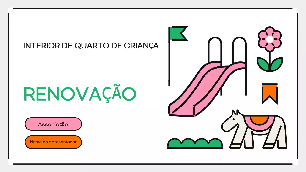 Apresentação de renovação de interiores de quarto infantil rosa criativo e lúdico