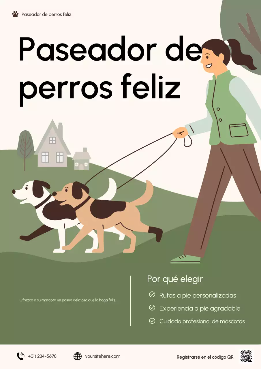 Cartel publicitario moderno y verde de paseo de perros