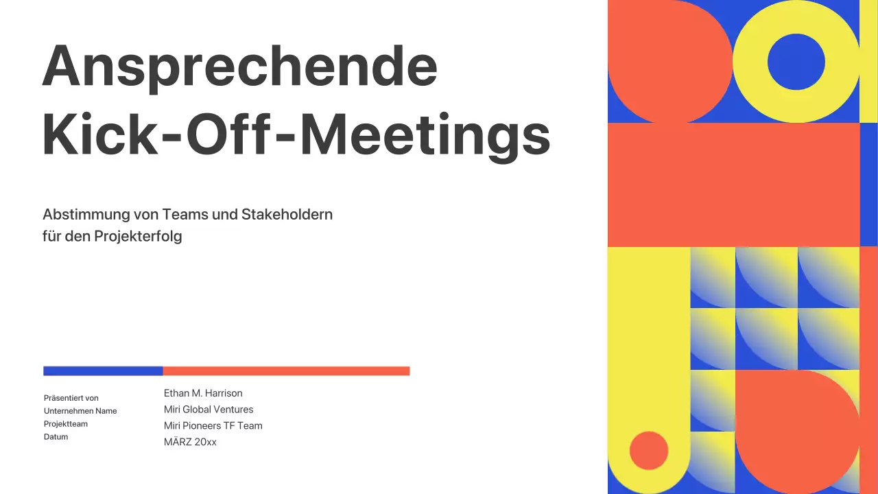 Farbenfroher geometrischer Pitch zum Kick-Off-Meeting Präsentation