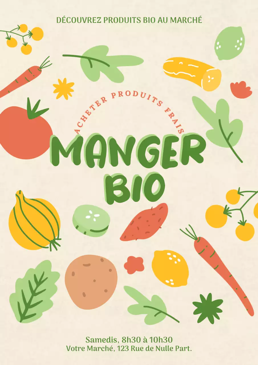 Affiche promotionnelle du marché alimentaire dans un style naturel et biologique coloré