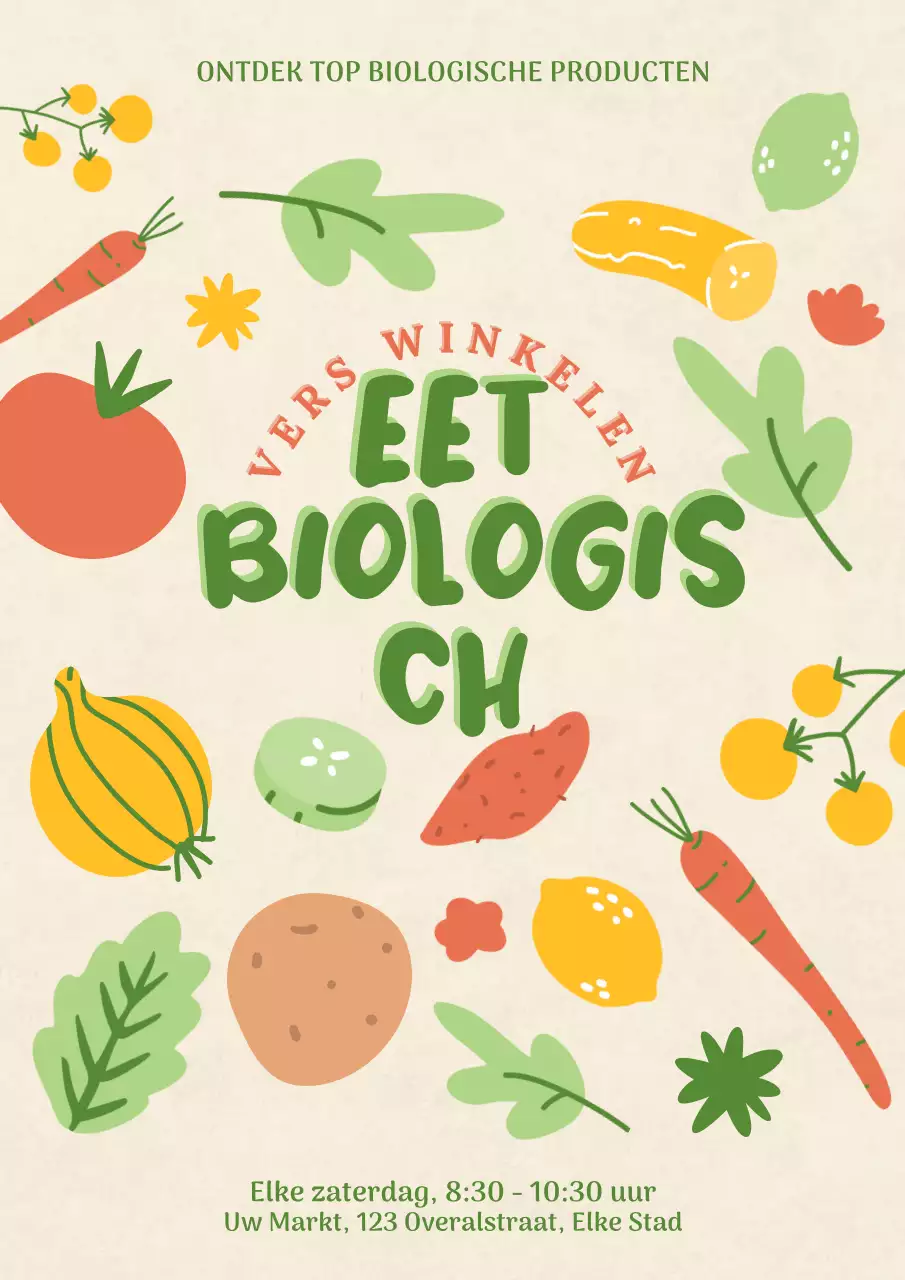 Voedselmarkt promotieposter in kleurrijke biologische natuurlijke stijl
