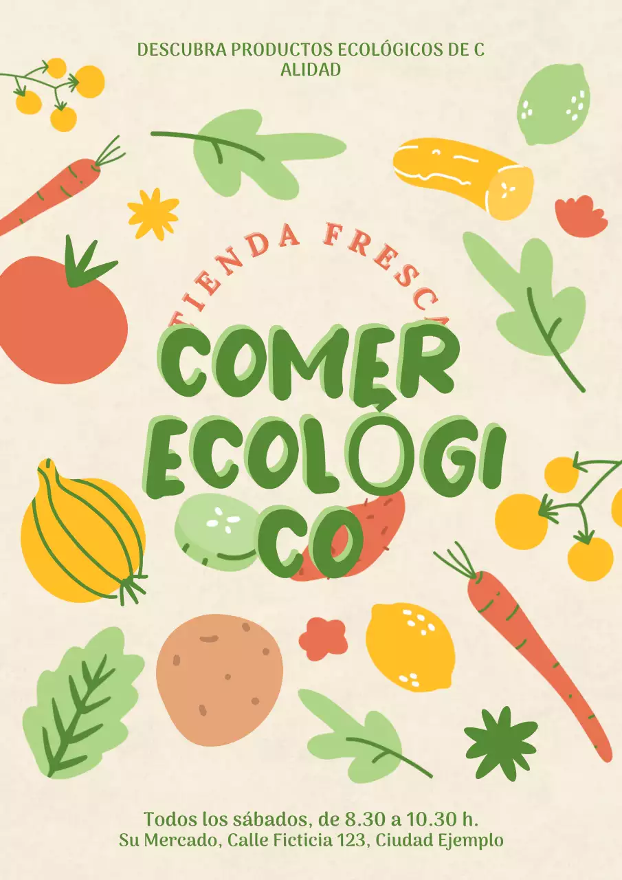 Afiche de promoción de mercado de alimentos en estilo natural orgánico y colorido
