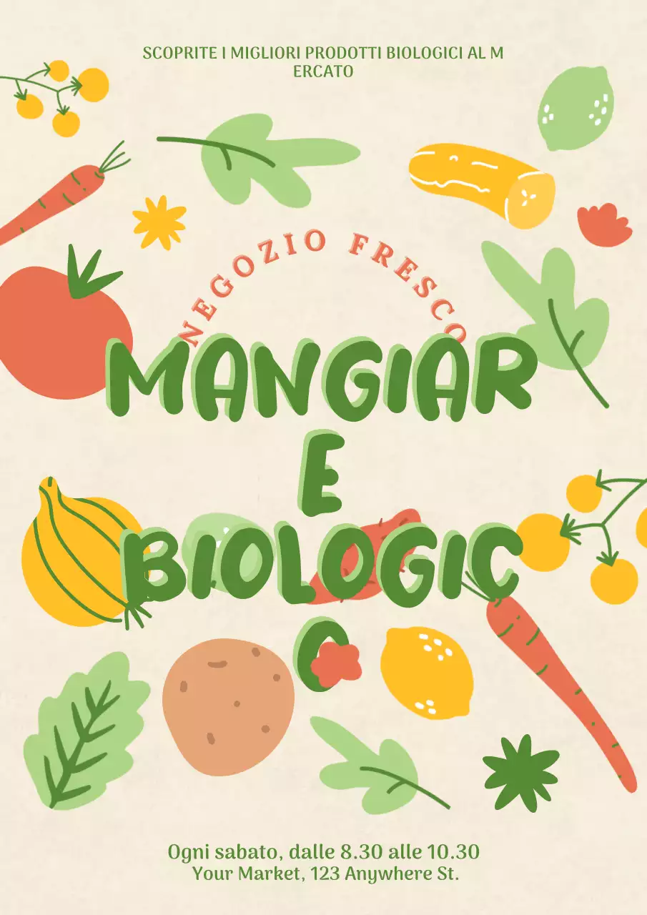Manifesto promozionale del mercato alimentare in stile naturale organico colorato