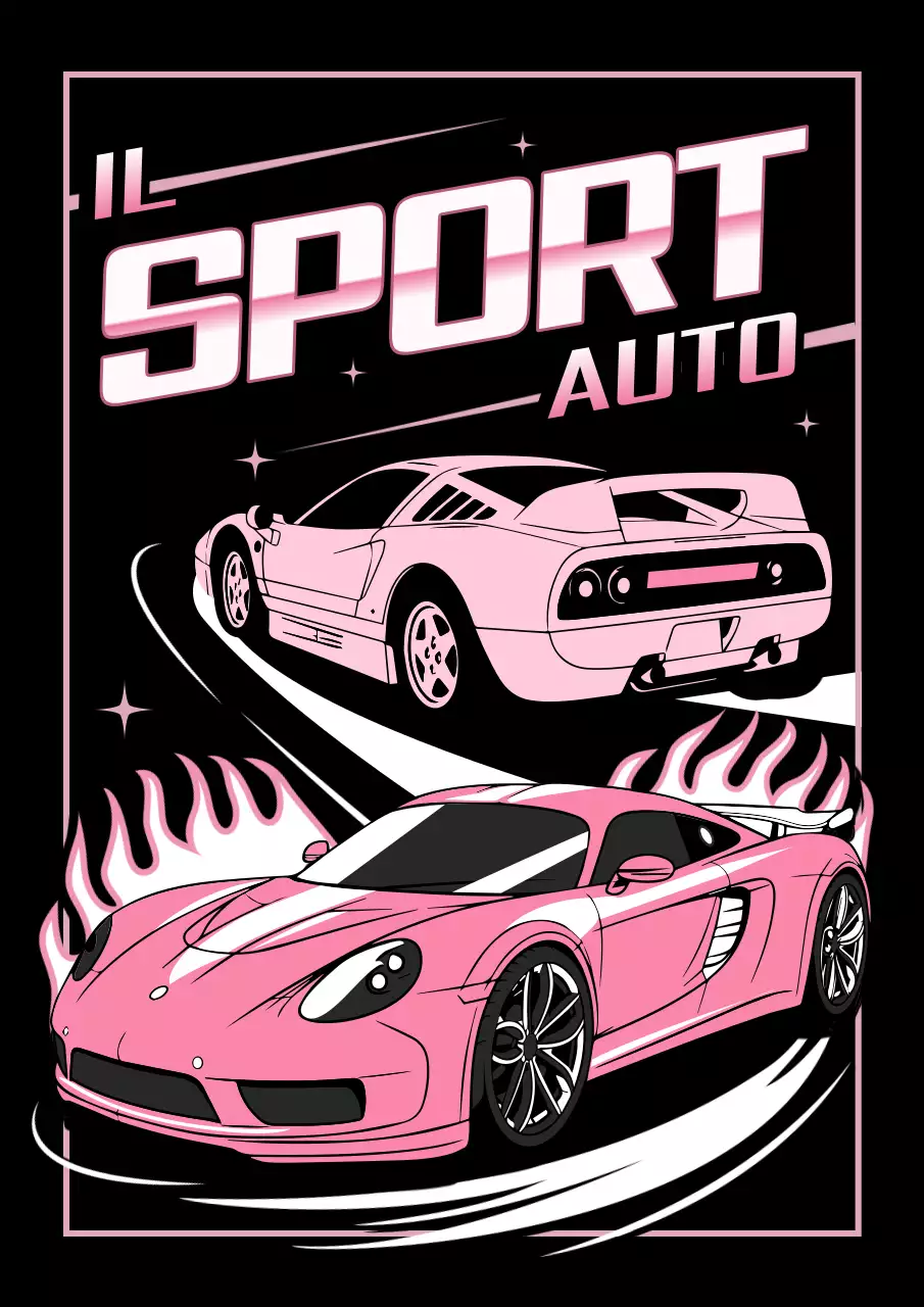 Manifesto pubblicitario di auto sportive retrò rosa