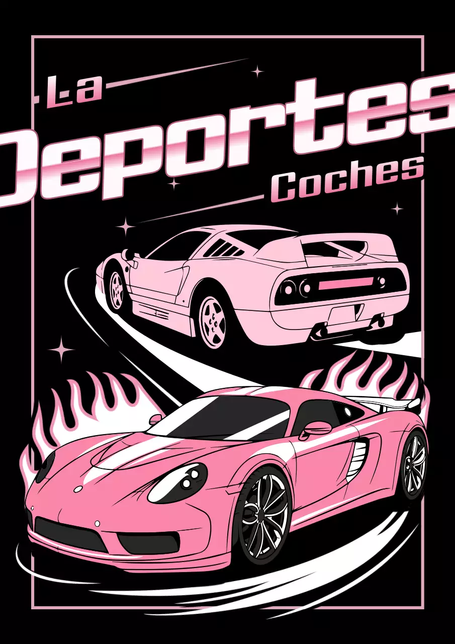 Afiche publicitario de coches deportivos retro de color rosa