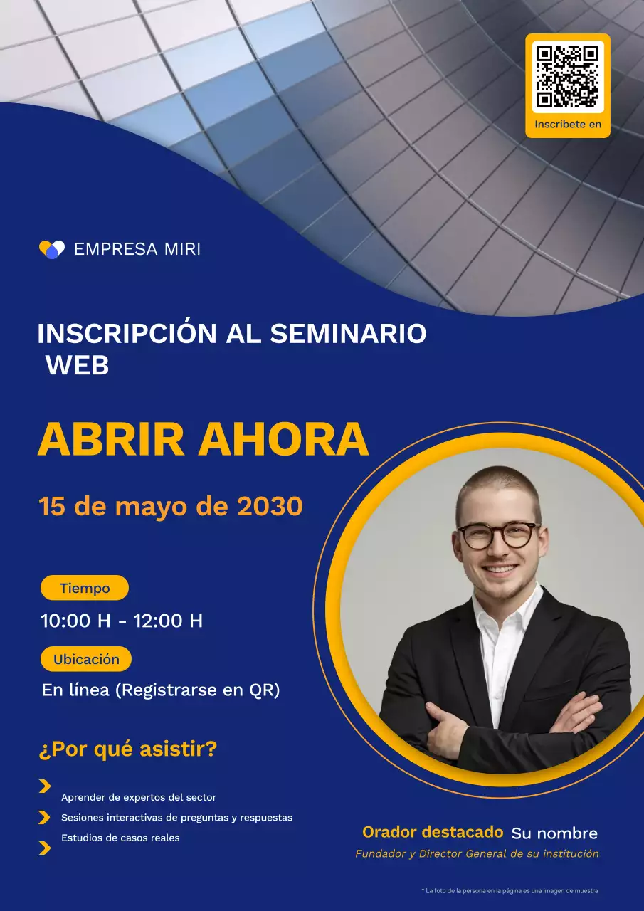 Póster de inscripción al seminario web sobre liderazgo profesional en azul y amarillo