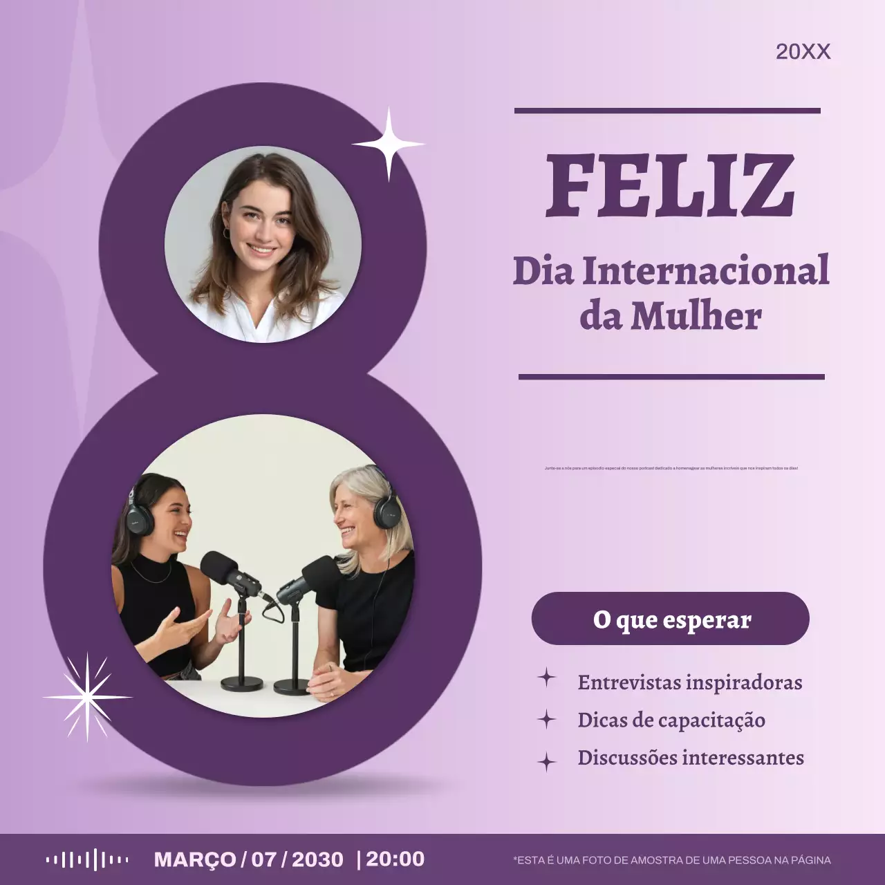 Anúncio do Podcast do Dia da Mulher Moderna Roxa nas Redes Sociais