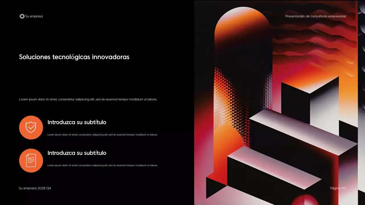 Presentación de consultoría empresarial con diseño geométrico moderno en negro