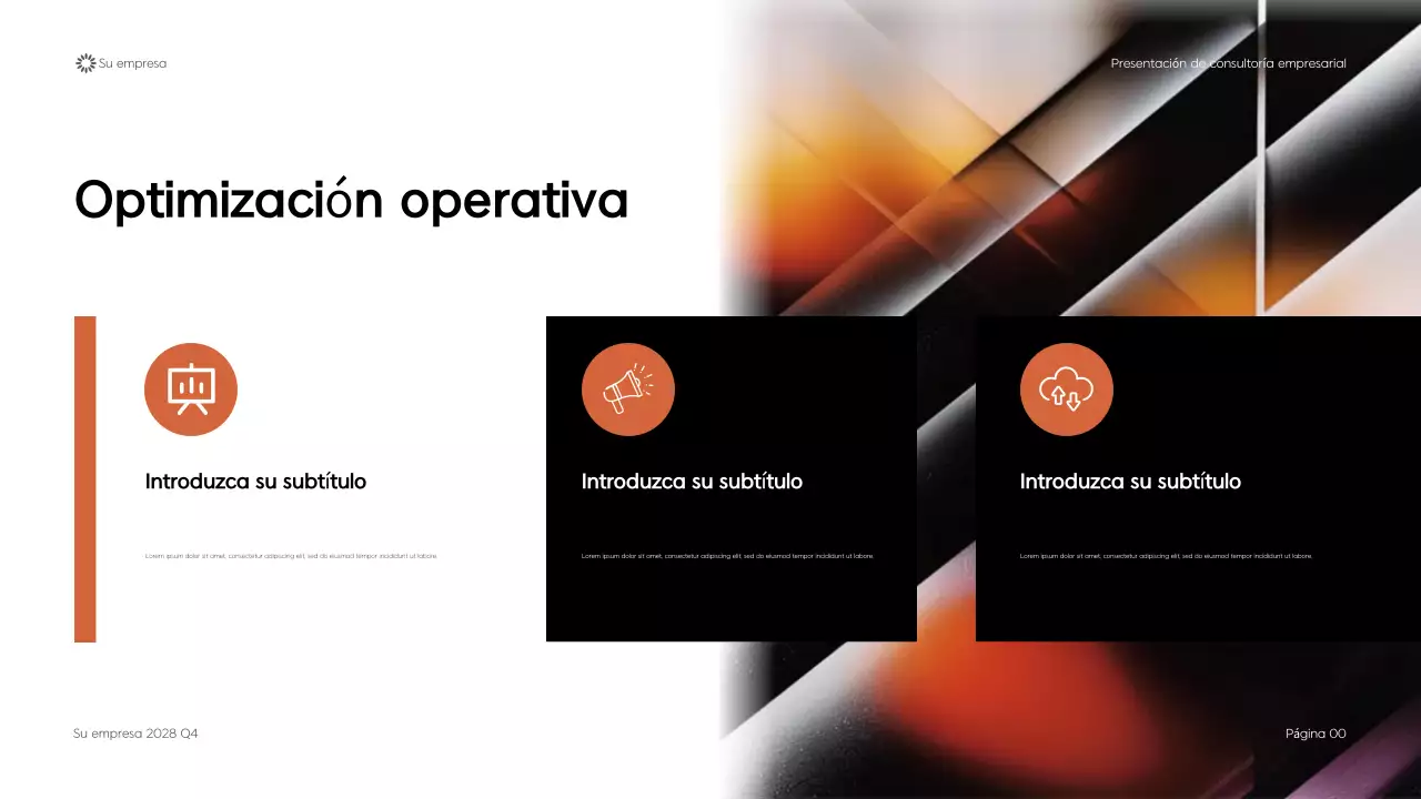 Presentación de consultoría empresarial con diseño geométrico moderno en negro