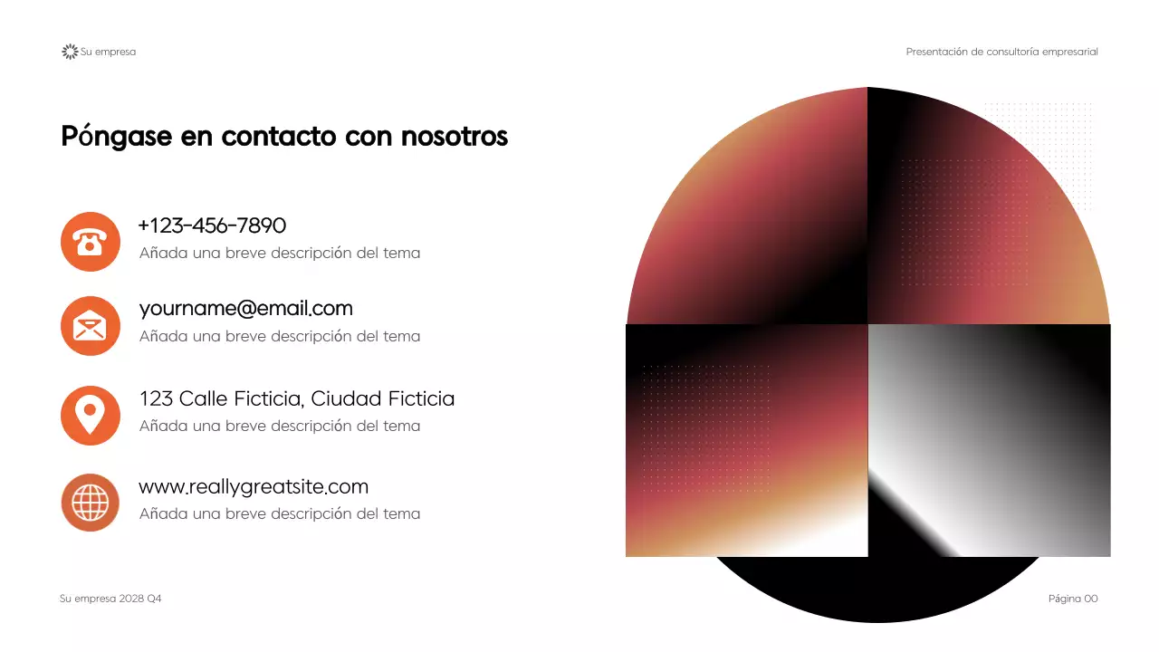 Presentación de consultoría empresarial con diseño geométrico moderno en negro