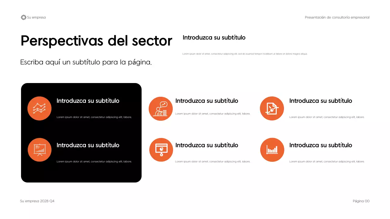 Presentación de consultoría empresarial con diseño geométrico moderno en negro
