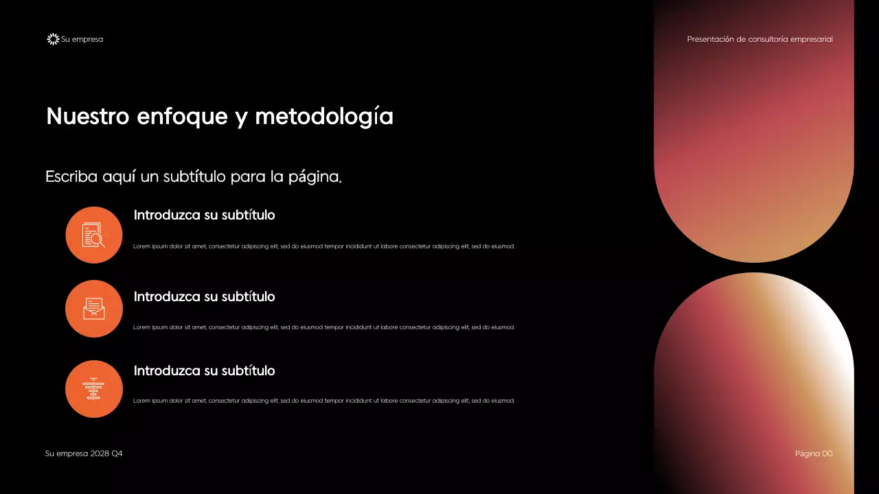 Presentación de consultoría empresarial con diseño geométrico moderno en negro