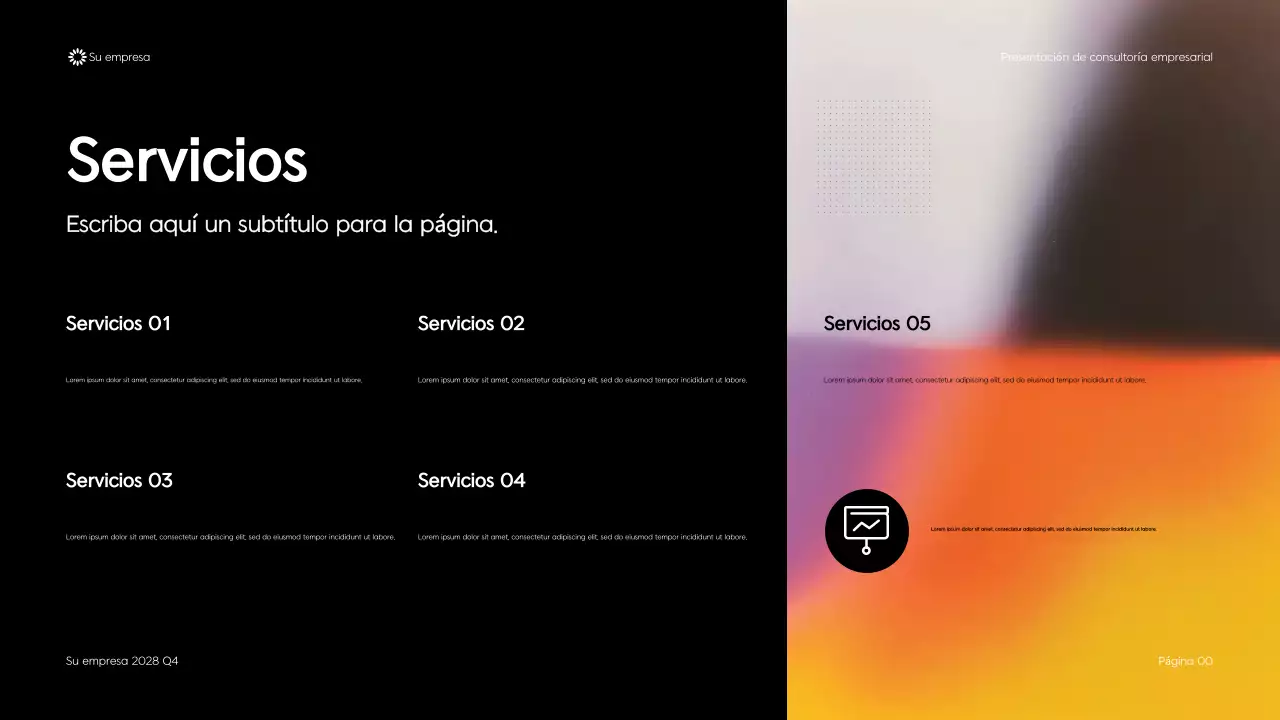 Presentación de consultoría empresarial con diseño geométrico moderno en negro