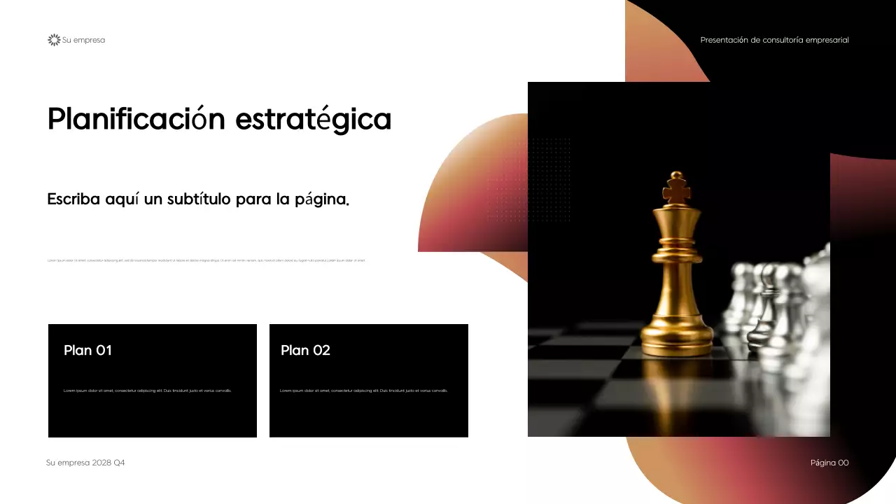 Presentación de consultoría empresarial con diseño geométrico moderno en negro