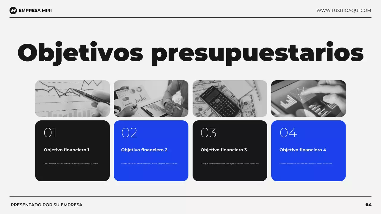 Presentación de planificación financiera presupuestaria moderna en negro y azul