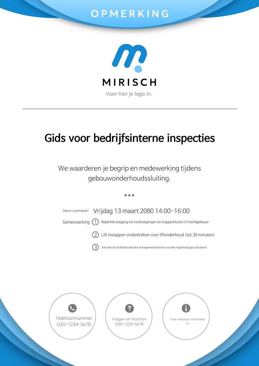 Eenvoudige inspectiemelding van de faciliteit in blauw en hemelsblauw