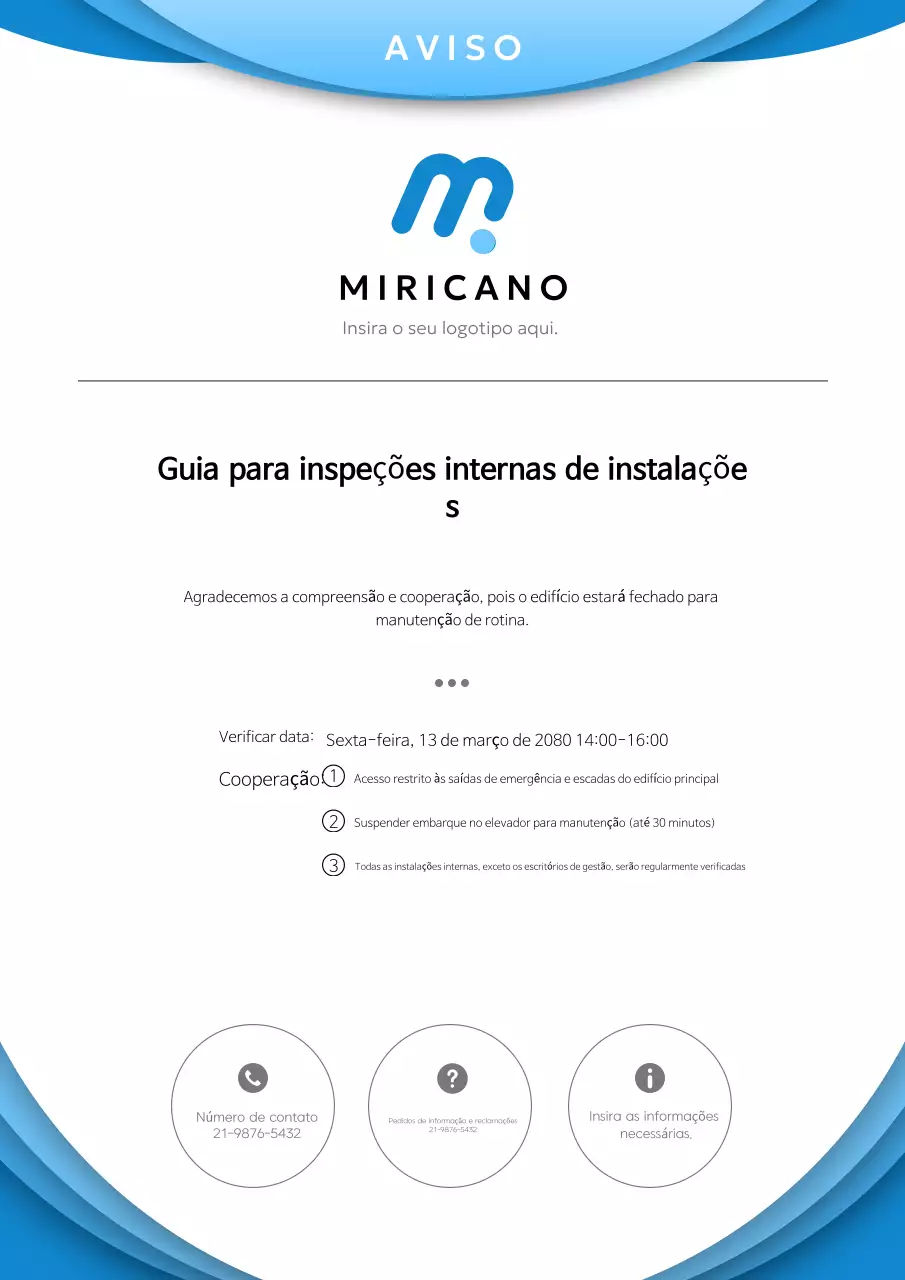 Aviso simples de inspeção de instalações em azul e azul celeste