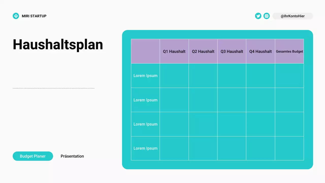 Moderner Bento Grid Budgetplaner in Blaugrün und Lila