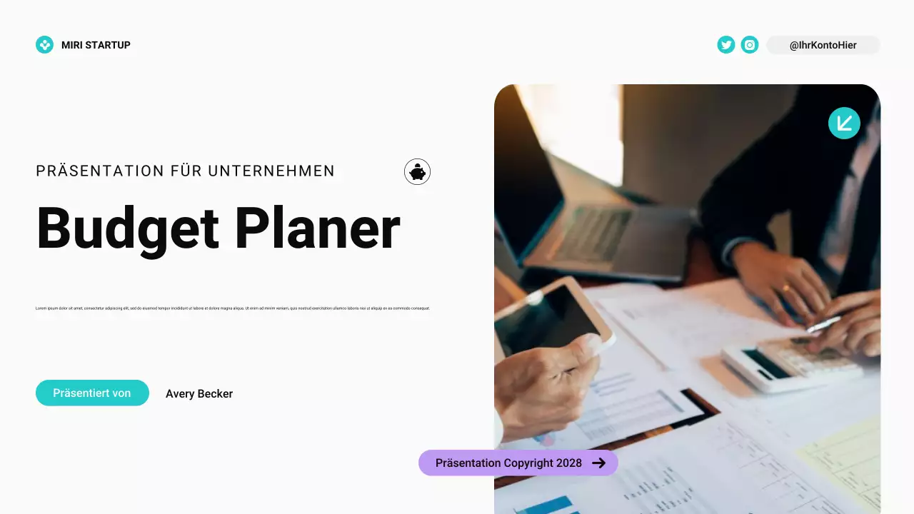 Moderner Bento Grid Budgetplaner in Blaugrün und Lila