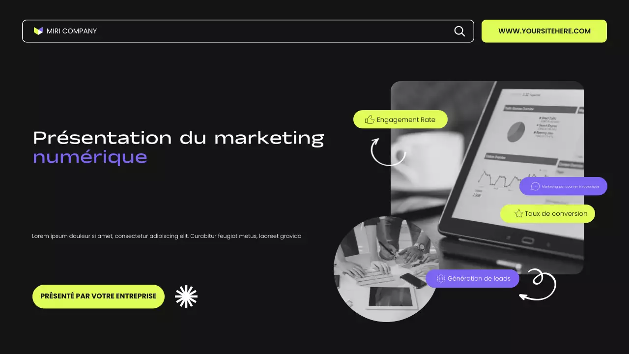 présentation de marketing numérique moderne en noir, violet et vert