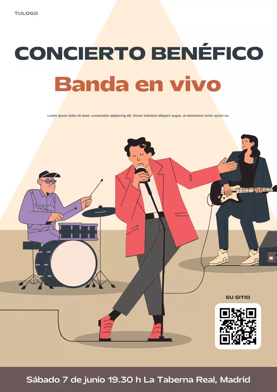 Cartel de anuncio de evento musical en vivo con banda retro beige