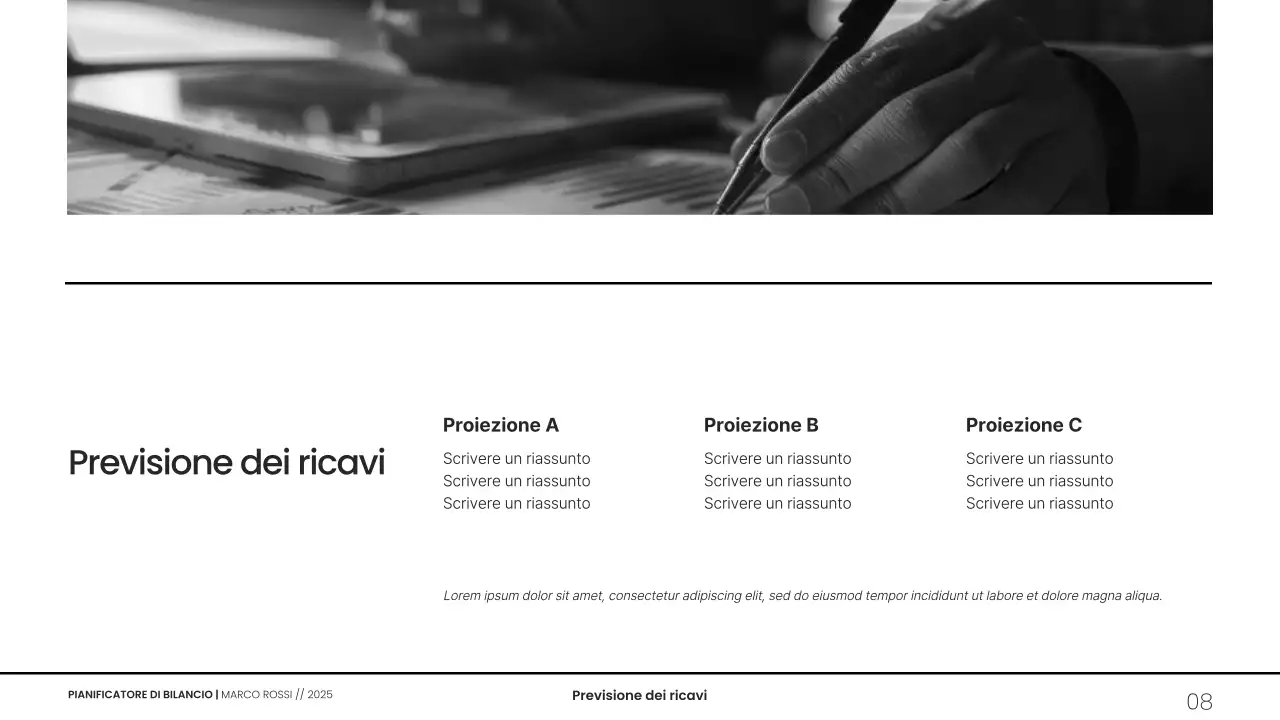 Presentazione del pianificatore di budget minimalista in scala di grigi