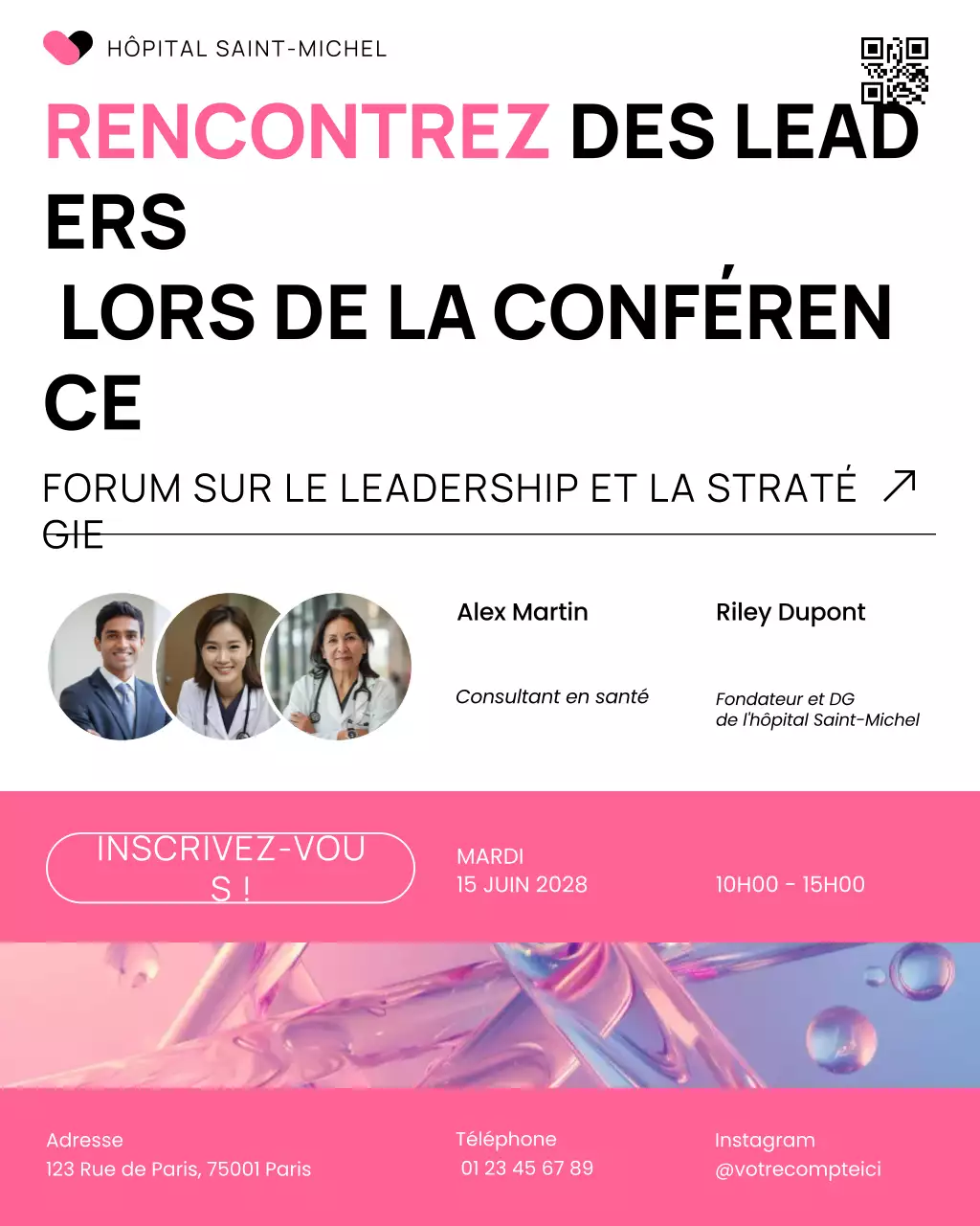 Publication sur les réseaux sociaux d'une conférence sur les soins de santé modernes, blanche et rose